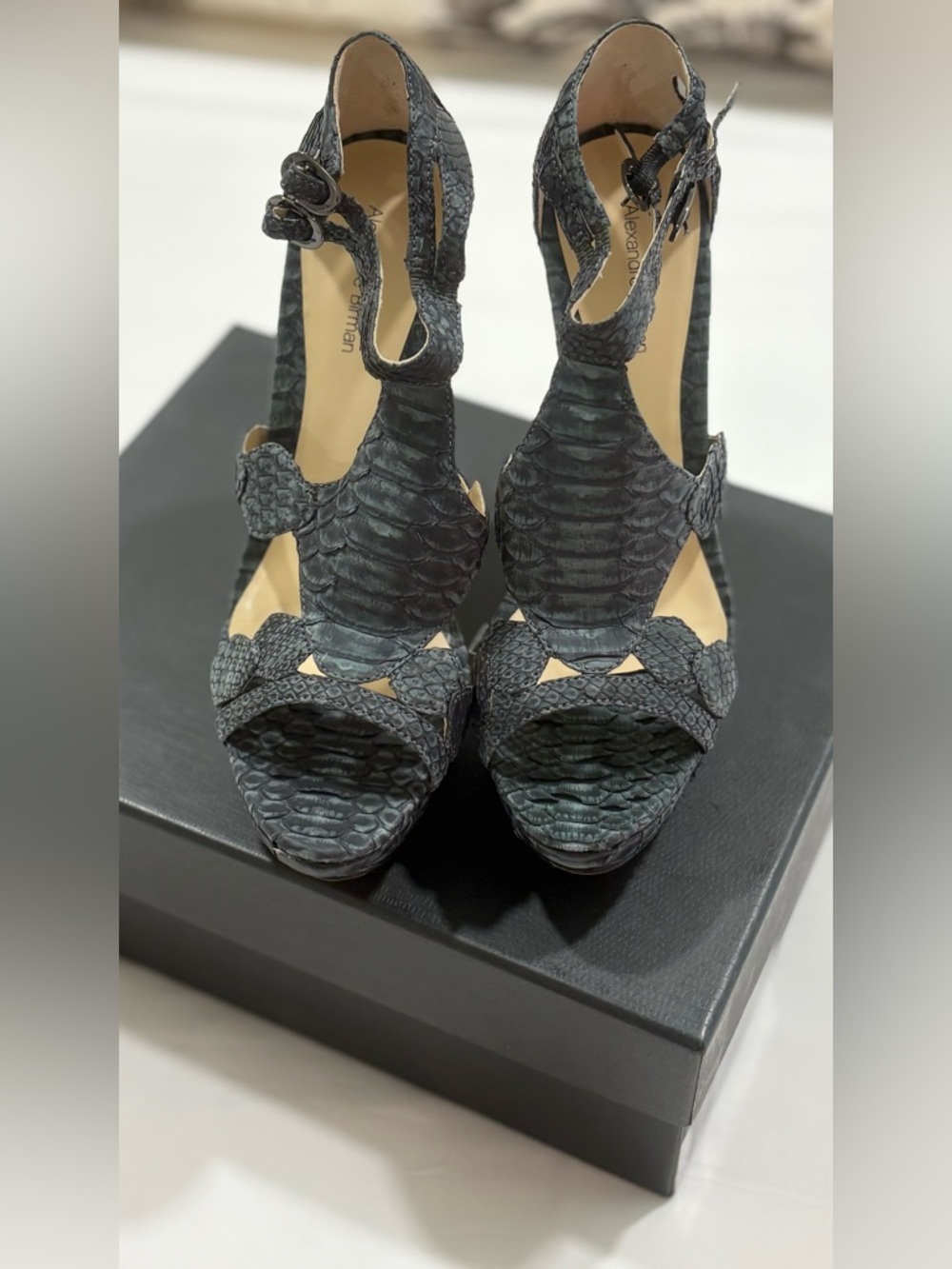 NWOT Alexandre Birman Grey Snakeskin Platform Heels with two buckles at ankle.